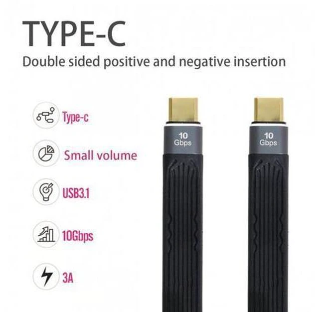 Alt view image 3 of 5 - HKCY UC-016-0.13M Type-C USB-C Male to Male USB 3.1 10Gbps Flat Slim FPC Data Cable for LaptopPhone 13cm