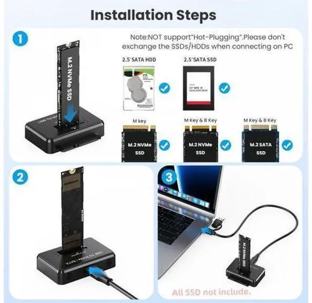 Alt view image 7 of 7 - USB 3.0 Type-C USB-C to Dual NVME M-key M.2 NGFF & SATA 2.5 Inch SSD Docking Vertical External PCBA Case Enclosure