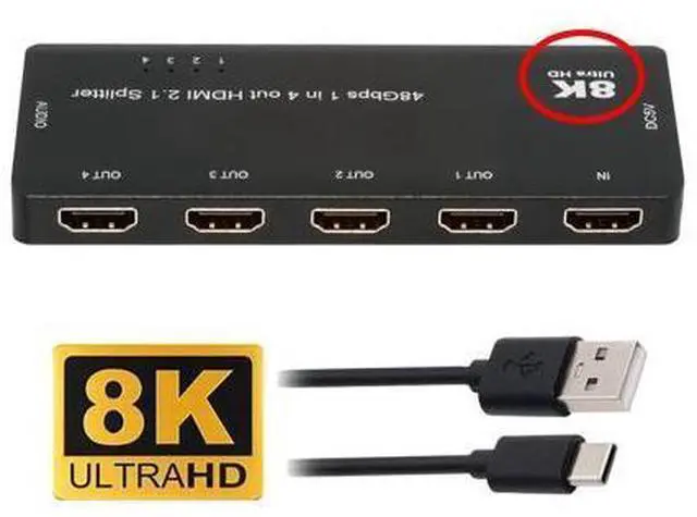 Main image of Cable HDMI Splitter 8K 60hz Ultra-HD Converter Compatible 2.1 Switch 1-IN-4-OUT 48Gbps UHD Hub Support HDCP SST Extended 4K@120hz 3.5mm Audio