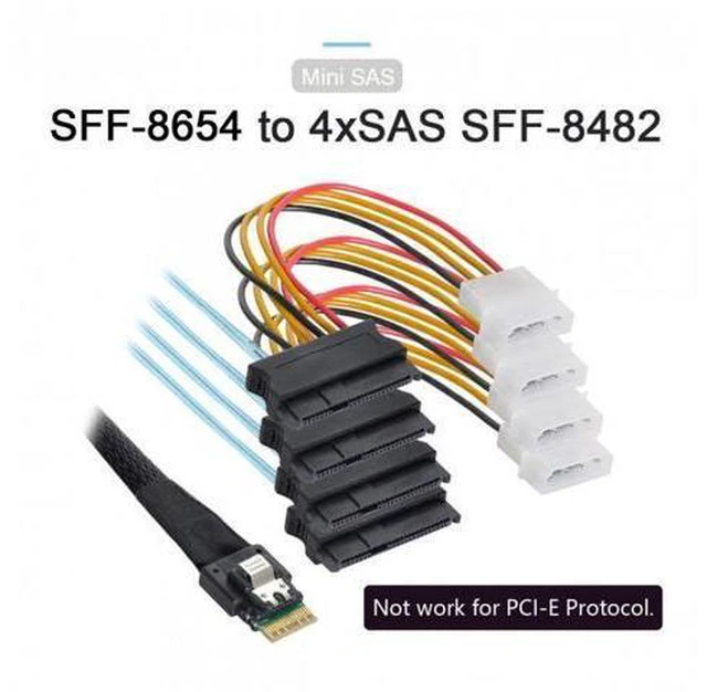 Alt view image 2 of 7 - SM Slimline SAS 4.0 SFF-8654 4i 38pin Host to 4 SAS 29pin SFF-8482 Target Hard Disk Fanout Raid Cable