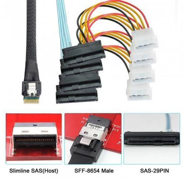 Alt view image 6 of 7 - SM Slimline SAS 4.0 SFF-8654 4i 38pin Host to 4 SAS 29pin SFF-8482 Target Hard Disk Fanout Raid Cable