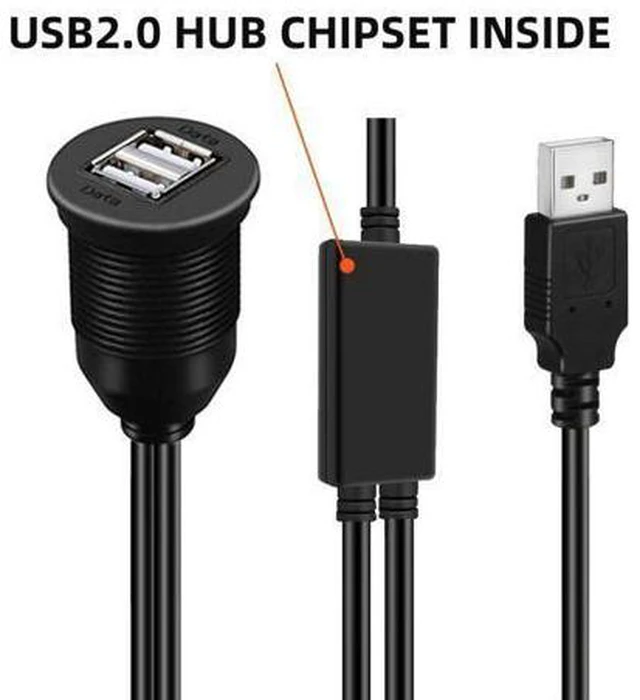 Alt view image 3 of 7 - HKCY U2-024-1.0M 1m Waterproof Dustproof 480Mbps USB2.0 Type-A Male to Dual Female Hub Extension Data Power Cable Car Panel Mount Design