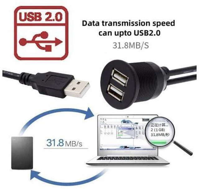 Alt view image 5 of 7 - HKCY U2-024-1.0M 1m Waterproof Dustproof 480Mbps USB2.0 Type-A Male to Dual Female Hub Extension Data Power Cable Car Panel Mount Design