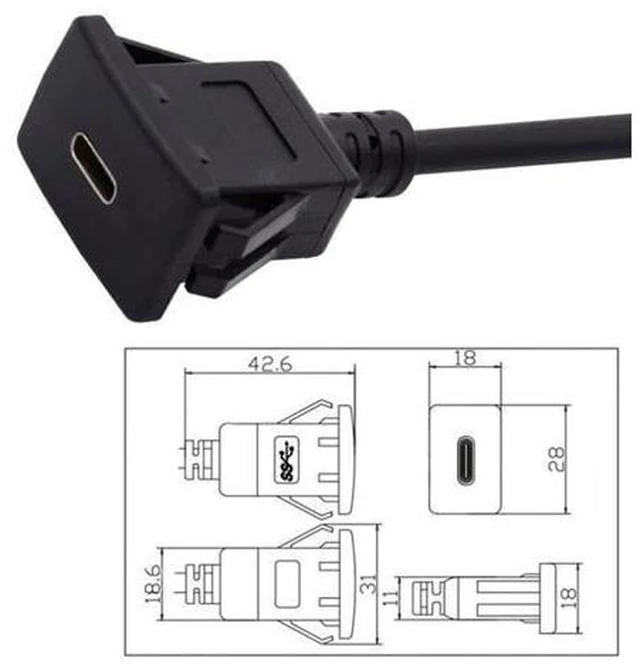 Alt view image 7 of 7 - HKCY UC-021-1.0M Waterproof Dustproof USB-C Type-C USB 3.1 10Gbps Extension Flush Car Latch Mount Extension Cable for Dashboard Panel
