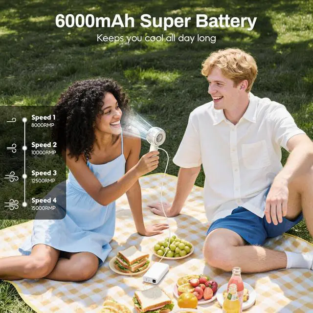 Alt view image 7 of 7 - Misting Portable Handheld Fan, Powerful Turbo Motor, 6000mAh Rechargeable Battery, Personal Mini Fans with 4 Strong Wind, Cooling Gadgets for Travel, Camping, Beach, Outdoor, Gifts for Women Men-Ivor
