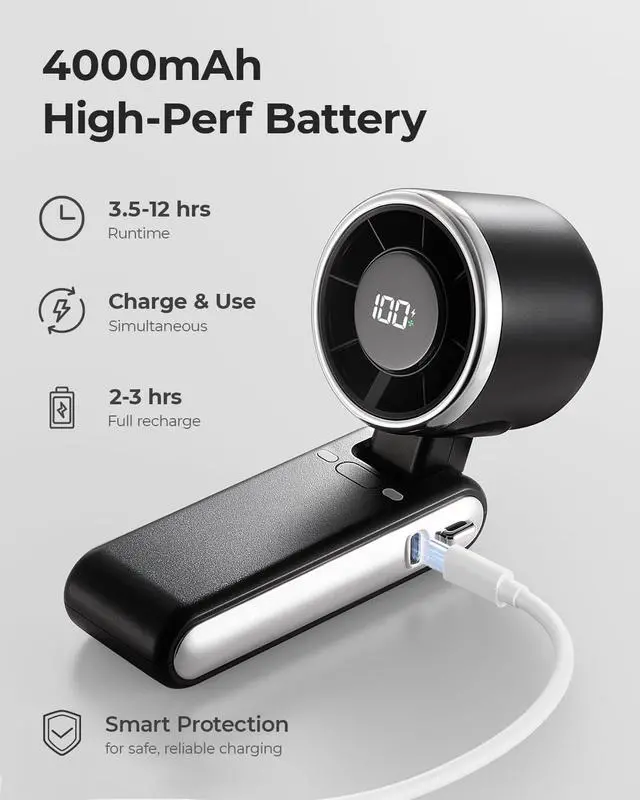 Alt view image 6 of 6 - Portable Handheld Turbo Fan - 5 Gear High Speed 4000mAh Rechargeable Mini Personal Hand Fan Blow Cold Air, Battery Operated Travel Essentials, Beach Vacation, Gifts for Women, Men (Black)