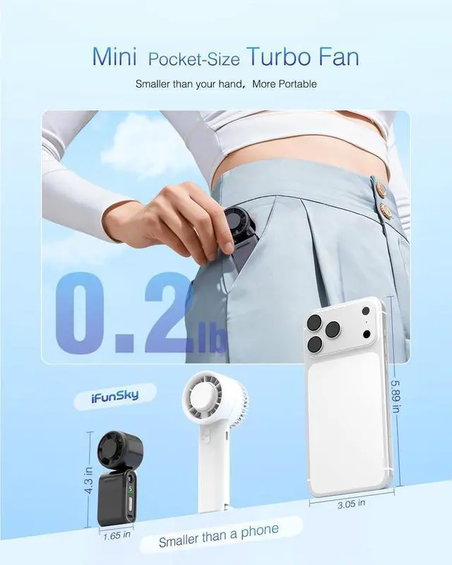 Alt view image 7 of 7 - Mini Portable Handheld Turbo Fan Small but Mighty, Whisper-Quiet, Long-Lasting, 5-Speed High-Velocity Rechargeable battery Fan, Personal Fan for Outdoor, Travel, Gifts for Women & Men(Black)
