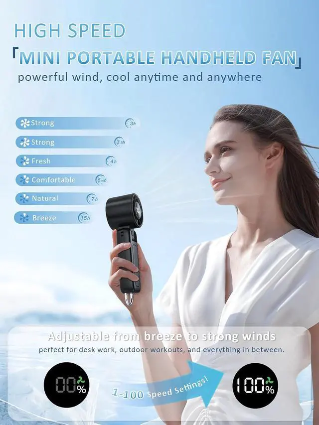Alt view image 3 of 7 - Handheld Fan, Portable Fan, 1-100 Speed Adjustable Turbo Fan, 5000mAh Rechargeable Mini Personal Fan with Foldable Design and LED Display for Travel, Office, Home and Outdoor Use Black