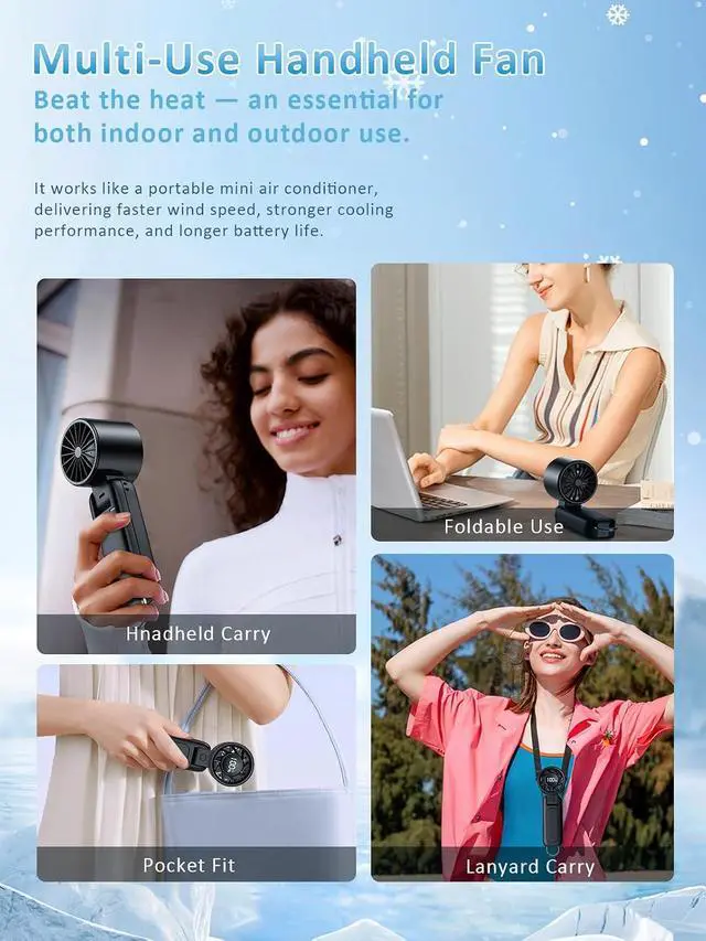 Alt view image 7 of 7 - Handheld Fan, Portable Fan, 1-100 Speed Adjustable Turbo Fan, 5000mAh Rechargeable Mini Personal Fan with Foldable Design and LED Display for Travel, Office, Home and Outdoor Use Black