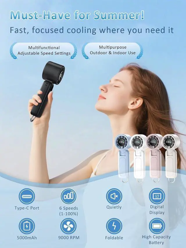 Alt view image 4 of 7 - Handheld Fan, Portable Fan, 1-100 Speed Adjustable Turbo Fan, 5000mAh Rechargeable Mini Personal Fan with Foldable Design and LED Display for Travel, Office, Home and Outdoor Use Black