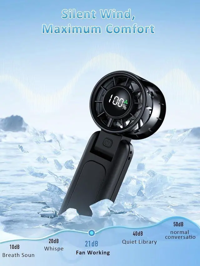Alt view image 5 of 7 - Handheld Fan, Portable Fan, 1-100 Speed Adjustable Turbo Fan, 5000mAh Rechargeable Mini Personal Fan with Foldable Design and LED Display for Travel, Office, Home and Outdoor Use Black