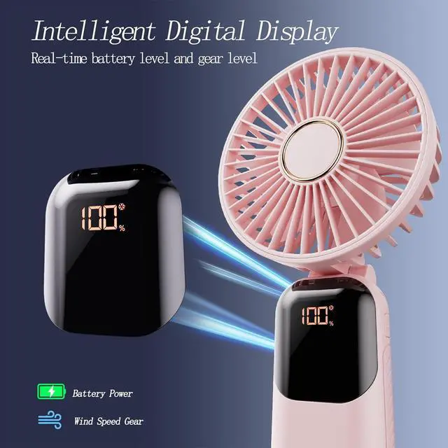 Alt view image 3 of 6 - Portable Fan, 4200mAh Battery Operated Fan, 5 Speeds&Digital Display, Makeup Fans for Women with Base, 180°Foldable 3in1 Handheld/Neck/Desk Fan for Outdoor Indoor,Ultra Quiet (Pink)