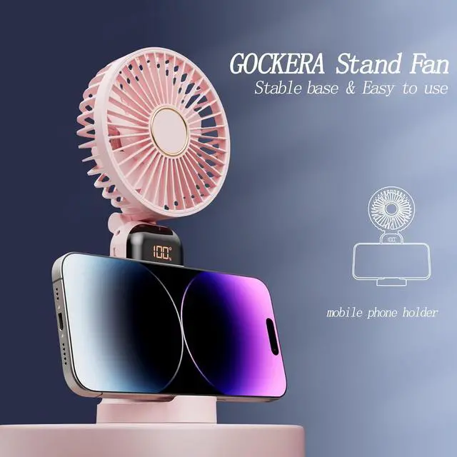 Alt view image 2 of 6 - Portable Fan, 4200mAh Battery Operated Fan, 5 Speeds&Digital Display, Makeup Fans for Women with Base, 180°Foldable 3in1 Handheld/Neck/Desk Fan for Outdoor Indoor,Ultra Quiet (Pink)