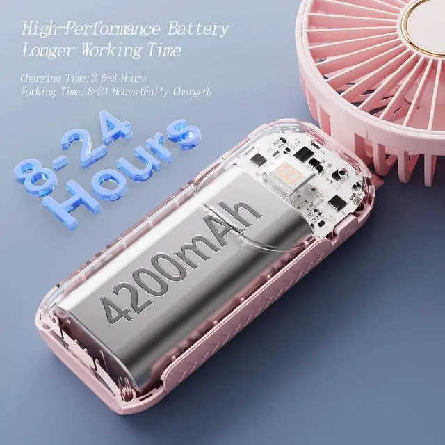 Alt view image 4 of 6 - Portable Fan, 4200mAh Battery Operated Fan, 5 Speeds&Digital Display, Makeup Fans for Women with Base, 180°Foldable 3in1 Handheld/Neck/Desk Fan for Outdoor Indoor,Ultra Quiet (Pink)