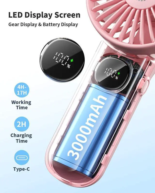 Alt view image 7 of 7 - coldSky Handheld Fan, Foldable Portable Fan with LED Display, 3000mAh Battery Operated Mini Hand Held Fan, Handheld/Neck/Desk 3 in 1 Personal Small Fan for Eyelash Makeup Travel Beach Outdoor Pink