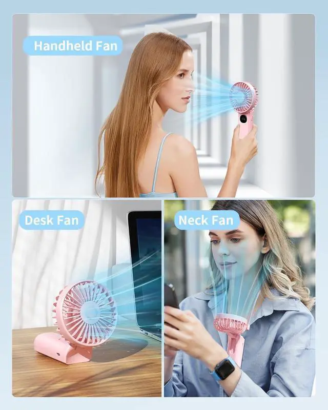 Alt view image 4 of 7 - coldSky Handheld Fan, Foldable Portable Fan with LED Display, 3000mAh Battery Operated Mini Hand Held Fan, Handheld/Neck/Desk 3 in 1 Personal Small Fan for Eyelash Makeup Travel Beach Outdoor Pink