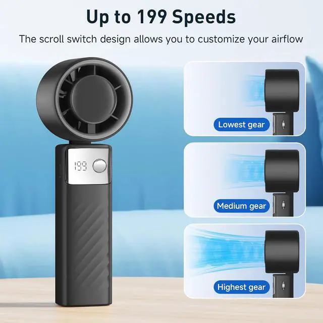 Alt view image 2 of 7 - Portable Handheld Turbo Fan - Foldable Mini Fan with Air Turbo Tech, 1-199 Speed Adjustment, 20H Runtime, LED Display, Battery-Powered for Indoor/Outdoor Use, Dark Black
