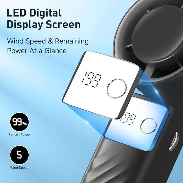 Alt view image 4 of 7 - Portable Handheld Turbo Fan - Foldable Mini Fan with Air Turbo Tech, 1-199 Speed Adjustment, 20H Runtime, LED Display, Battery-Powered for Indoor/Outdoor Use, Dark Black