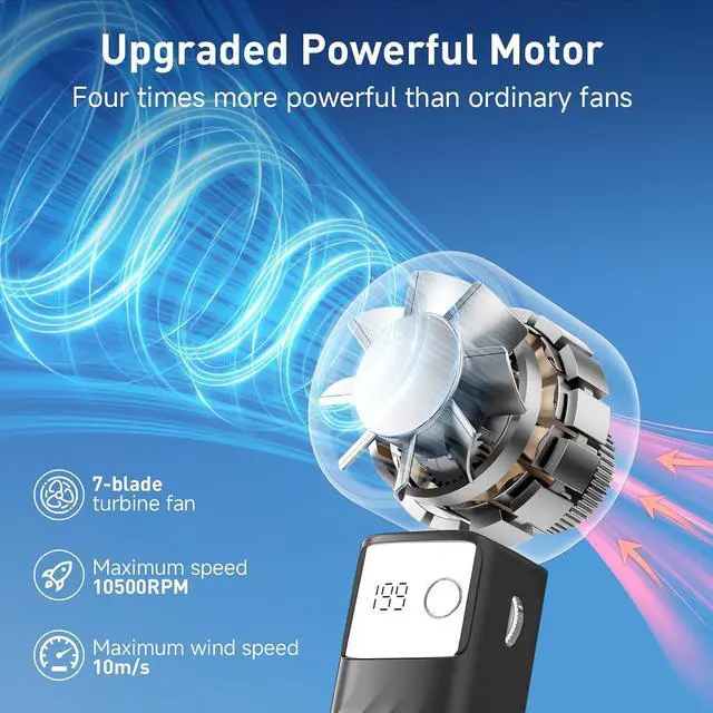 Alt view image 5 of 7 - Portable Handheld Turbo Fan - Foldable Mini Fan with Air Turbo Tech, 1-199 Speed Adjustment, 20H Runtime, LED Display, Battery-Powered for Indoor/Outdoor Use, Dark Black