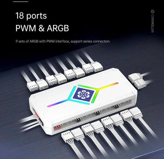 Alt view image 3 of 5 - Computer case ARGB controller 5V 3-pin PWM temperature control expansion wireless remote control multi-fan hub with synchronized light effect