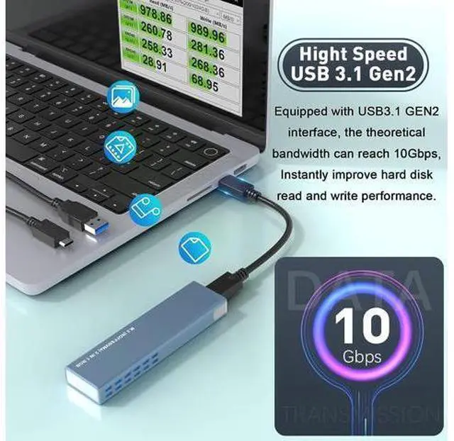 Alt view image 2 of 7 - M.2 NVMe and SATA SSD Enclosure Tool-Free, 10Gbps USB 3.1 Gen2 Aluminum M.2 NVME NGFF SSD Enclosure, RGB NVMe SSD Enclosure Supports M and B&M Keys 2280/2230/ 2242/2260 SSDs(with USB C & USB A Cables)