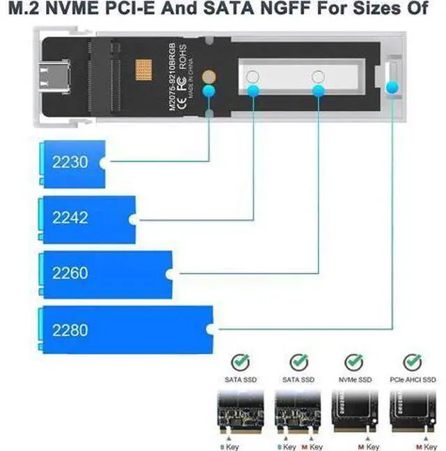Alt view image 4 of 7 - M.2 NVMe and SATA SSD Enclosure Tool-Free, 10Gbps USB 3.1 Gen2 Aluminum M.2 NVME NGFF SSD Enclosure, RGB NVMe SSD Enclosure Supports M and B&M Keys 2280/2230/ 2242/2260 SSDs(with USB C & USB A Cables)