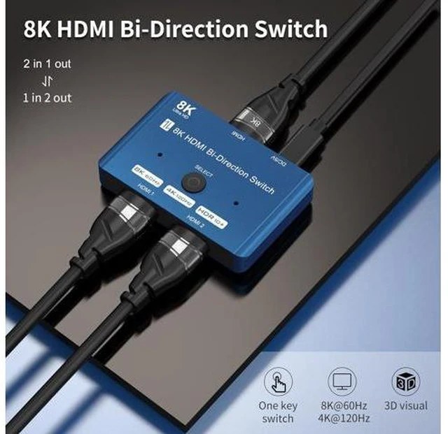 Alt view image 2 of 7 - CABLEDECONN HDMI 2.1 Switch 8K Bi-Directional Splitter 8K@60Hz 4K@120Hz 1440p@165Hz 1080P@240Hz 1in 2out 2in 1out High Speed 48Gbps eARC Converter Compatible with Xbox X PS5 Blue ¡