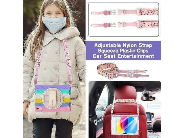 Alt view image 4 of 7 - Cute Case for Apple iPad 10th Generation 10.9 inch 2022,Shockproof Silicone Kids Case with Stand Shoulder/Strap Hand Strap Handle Grip/Pencil Holder-Pink