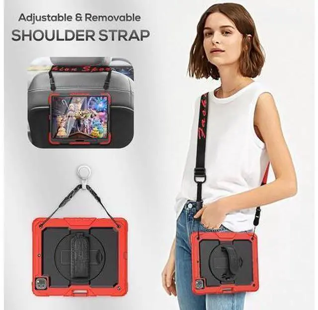 Alt view image 5 of 7 - iPad Pro 12.9 Case 6th/ 5th/ 4th/ 3rd Generation, Heavy Duty Protection Shockproof Case with Screen Protector, 360° Rotating Stand/Handle/Shoulder Strap, Support Pencil 2 Charging, Red