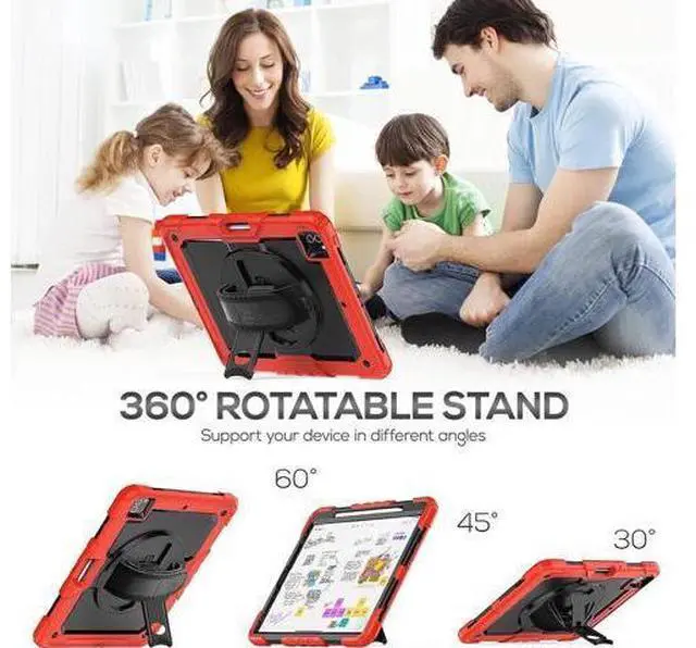 Alt view image 4 of 7 - iPad Pro 12.9 Case 6th/ 5th/ 4th/ 3rd Generation, Heavy Duty Protection Shockproof Case with Screen Protector, 360° Rotating Stand/Handle/Shoulder Strap, Support Pencil 2 Charging, Red