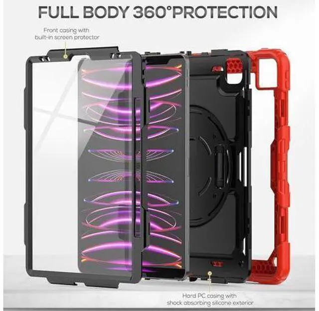 Alt view image 6 of 7 - iPad Pro 12.9 Case 6th/ 5th/ 4th/ 3rd Generation, Heavy Duty Protection Shockproof Case with Screen Protector, 360° Rotating Stand/Handle/Shoulder Strap, Support Pencil 2 Charging, Red