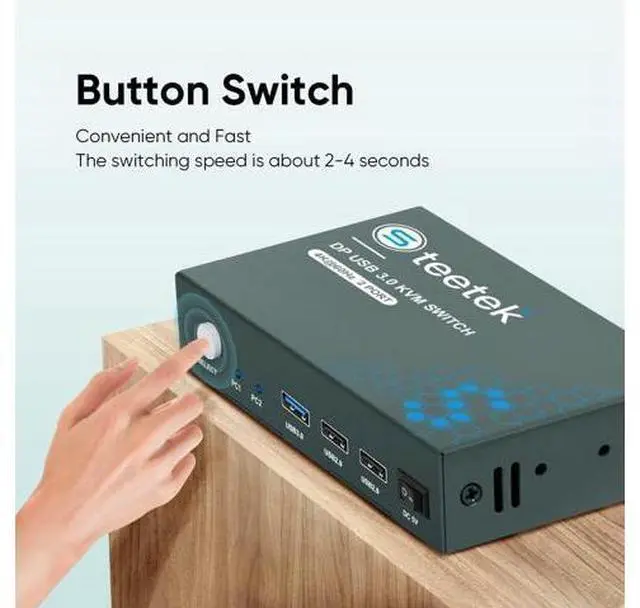 Alt view image 4 of 7 - Steetek 2 Port DP USB 3.0 KVM Switch 4K@60Hz, KVM Switch Displayport 2 in 1 Out. KVM Switch for 2 Computer Share 1 Monitor and USB 3.0 Hub, Button Switch, with 2 DP and 2 USB 3.0 Cable