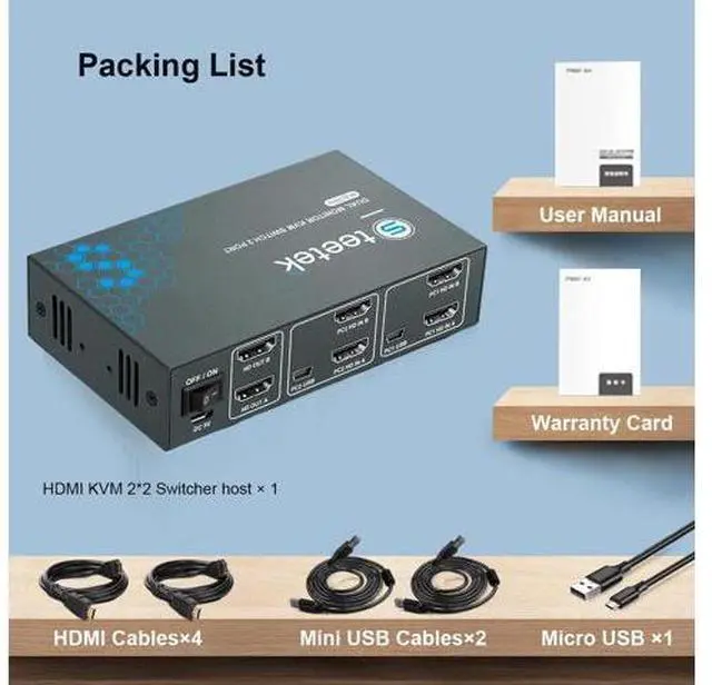 Alt view image 7 of 7 - Steetek HDMI KVM Switch Dual Monitors 2 Port 4K@30Hz, KVM Switch 2 Computers 2 Monitors Extended Display, Dual Monitor KVM by Hotkey Switching. 4 HDMI and 2 USB Cables Included.