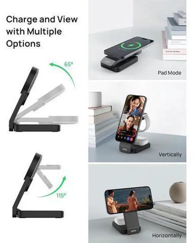 Alt view image 5 of 7 - 3-in-1 Foldable Wireless Charging Station for Multiple Devices, Fast Qi2-Certified Portable Travel Charger Stand for iPhone//Apple Watch/AirPods, Nightstand QI2 Charger with Night Light