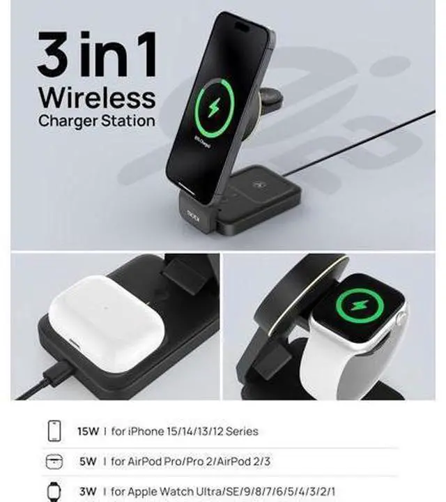 Alt view image 3 of 7 - 3-in-1 Foldable Wireless Charging Station for Multiple Devices, Fast Qi2-Certified Portable Travel Charger Stand for iPhone//Apple Watch/AirPods, Nightstand QI2 Charger with Night Light