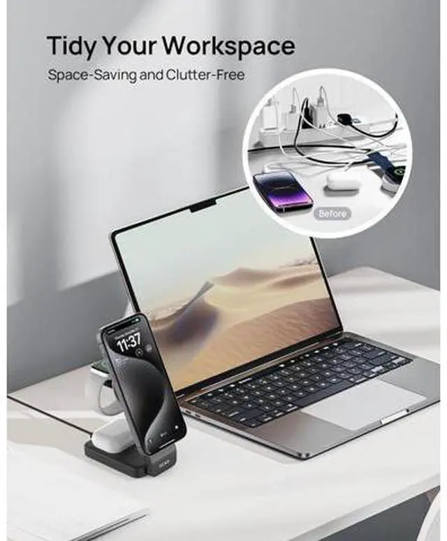 Alt view image 6 of 7 - 3-in-1 Foldable Wireless Charging Station for Multiple Devices, Fast Qi2-Certified Portable Travel Charger Stand for iPhone//Apple Watch/AirPods, Nightstand QI2 Charger with Night Light
