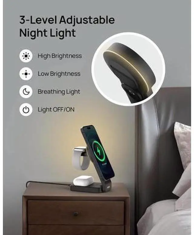 Alt view image 7 of 7 - 3-in-1 Foldable Wireless Charging Station for Multiple Devices, Fast Qi2-Certified Portable Travel Charger Stand for iPhone//Apple Watch/AirPods, Nightstand QI2 Charger with Night Light
