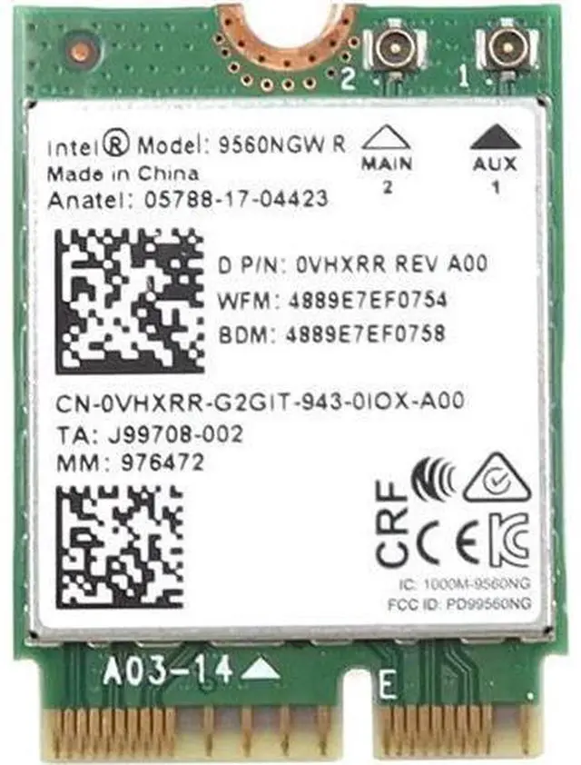 Main image of 9560NGW R Wireless-AC 9560 PCI-Express M.2 2230 802.11ac WLAN Bluetooth 5.1 WiFi Card VHXRR 0VHXRR CN-0VHXRR Compatible Replacement Spare Part for Intel Compatible and Laptop Systems