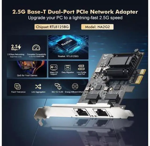 Alt view image 2 of 7 - 2 Ports 2.5G PCIe Network Adapter, RTL8125B LAN Controller 2500/1000/100Mbps Binardat Ethernet RJ45 NIC Card Support PXE for Windows/Linux