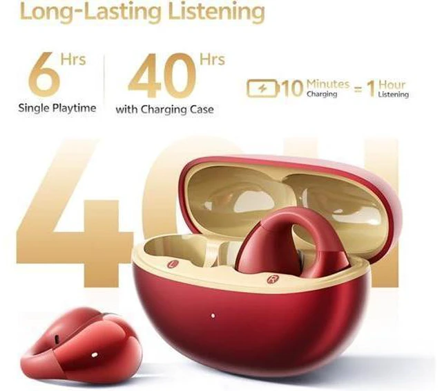 Alt view image 2 of 7 - QCY Crossky C30S Open Ear Earbuds, Ultra-Comfort Clip On Ear Buds Wireless Bluetooth 6.0, LDAC Hi-Res Audio, Deep Bass, 40H Playtime, Fast Charging, IPX5 Waterproof Sports/Running Earphones-Red