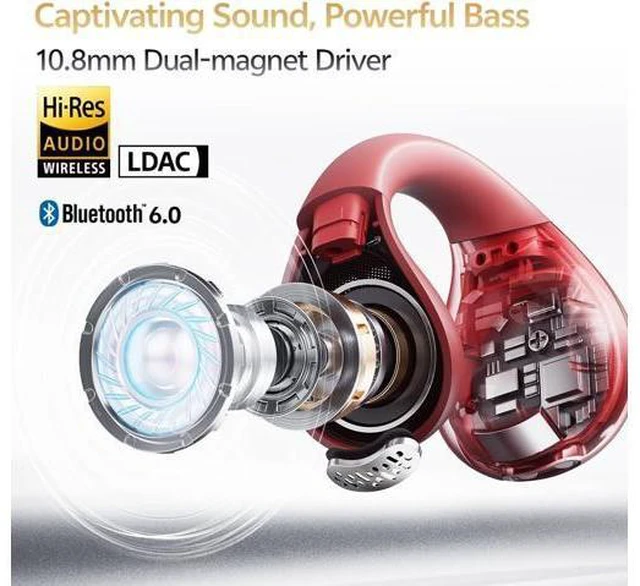 Alt view image 3 of 7 - QCY Crossky C30S Open Ear Earbuds, Ultra-Comfort Clip On Ear Buds Wireless Bluetooth 6.0, LDAC Hi-Res Audio, Deep Bass, 40H Playtime, Fast Charging, IPX5 Waterproof Sports/Running Earphones-Red