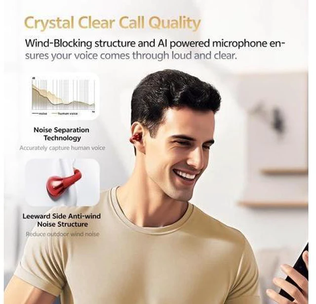 Alt view image 6 of 7 - QCY Crossky C30S Open Ear Earbuds, Ultra-Comfort Clip On Ear Buds Wireless Bluetooth 6.0, LDAC Hi-Res Audio, Deep Bass, 40H Playtime, Fast Charging, IPX5 Waterproof Sports/Running Earphones-Red
