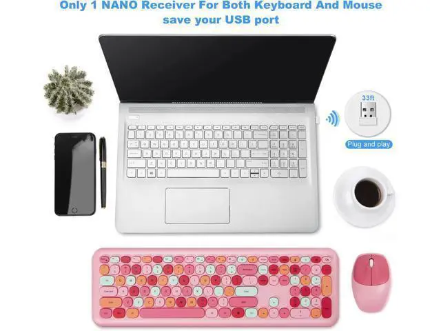 Alt view image 3 of 7 - Dedeo Wireless Keyboard and Mouse Combo,2.4G USB Ergonomic Sweet Mixed Color Cute Full Size Keyboard with Numeric Keypad and Optical Mice Set for Computer Desktop PC Laptop
