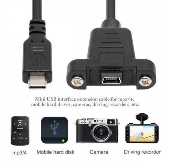 Alt view image 2 of 7 - USB2.0 Mini 5Pin Female to Type-C USB-C Male Power Cable 480Mbps Data with Panel Mount Holes 30cm