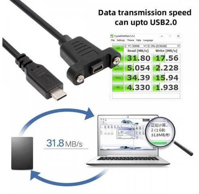 Alt view image 5 of 7 - USB2.0 Mini 5Pin Female to Type-C USB-C Male Power Cable 480Mbps Data with Panel Mount Holes 30cm
