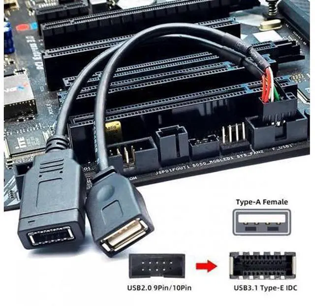 Alt view image 2 of 7 - Cable Dual Port Type-A & USB 3.1 Front Panel Socket Key-A Type-E to USB 2.0 9Pin 10Pin Mainboard Header Male Extension Cable