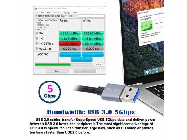 Alt view image 2 of 7 - USB 3.0 Type-A Male to Standard 3.0 B Male Cable Silver 5Gbps for Disk SSD Camera Data 30cm
