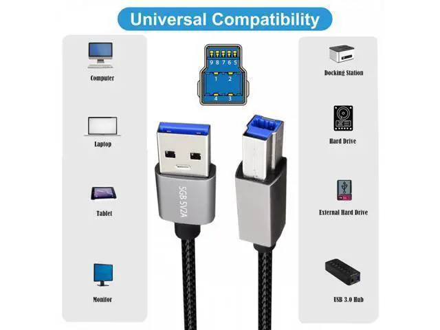 Alt view image 5 of 7 - USB 3.0 Type-A Male to Standard 3.0 B Male Cable Silver 5Gbps for Disk SSD Camera Data 30cm
