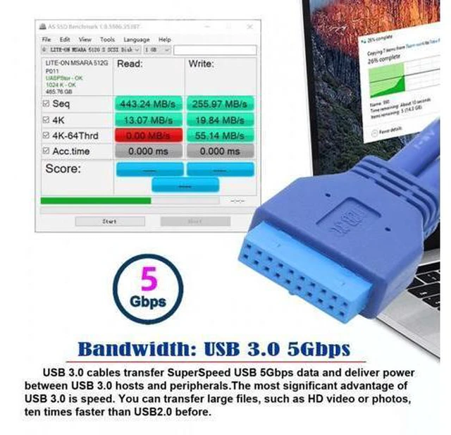 Alt view image 5 of 7 - Cable Dual Port USB 3.0 Female Type-A Panel Type to Motherboard 20Pin 19Pin Header Cable 50cm