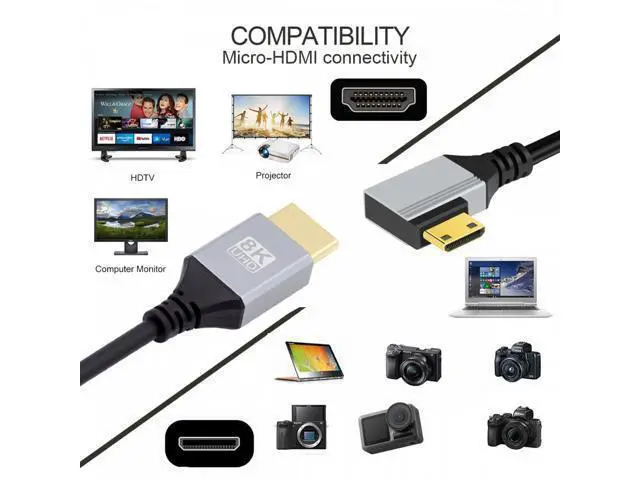 Alt view image 7 of 7 - 90 Degree Left Angled Mini HDMI 2.1 Ultra Thin HDTV Cable 8K 4K Hyper Super Flexible Slim Cord Type-A to Type-C for Camera HDTV